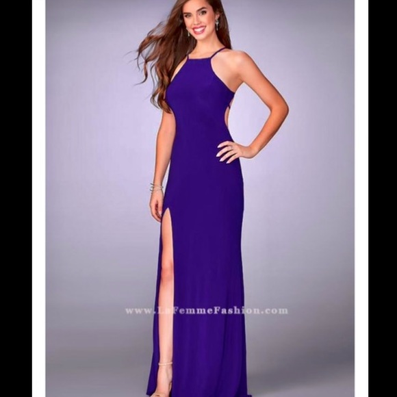 La Femme Purple Halter Neck Glam Formal Prom Dress - Picture 8 of 11